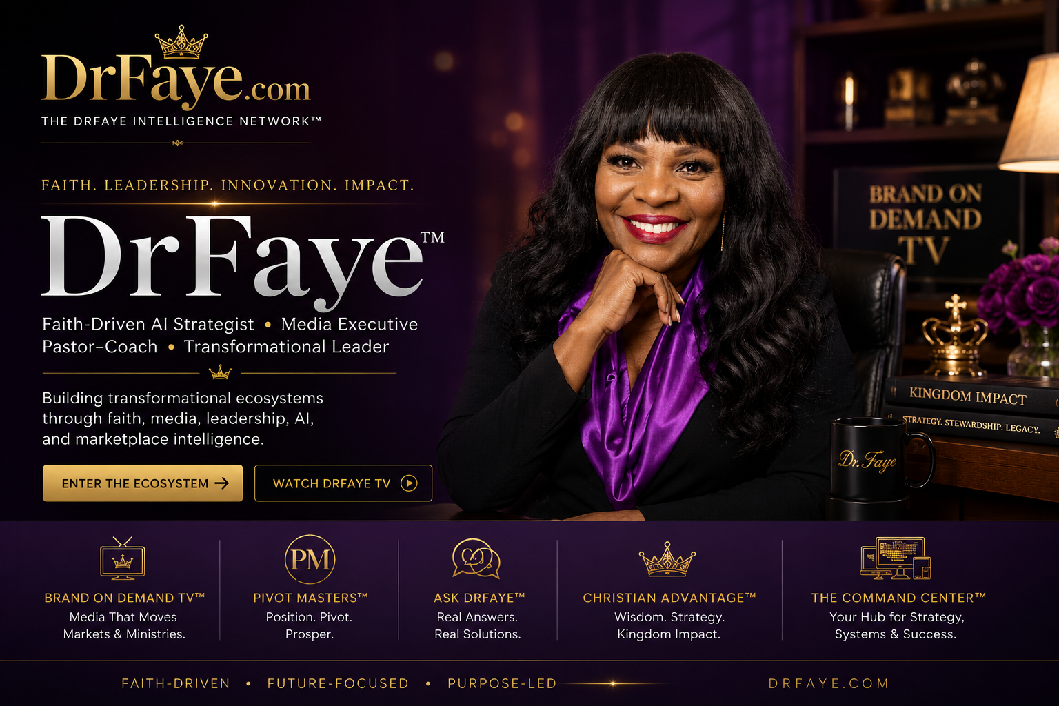 DrFaye — Faith-Driven AI Strategist, Media Executive, Pastor-Coach, Transformational Leader. Building transformational ecosystems through faith, media, leadership, AI, and marketplace intelligence.